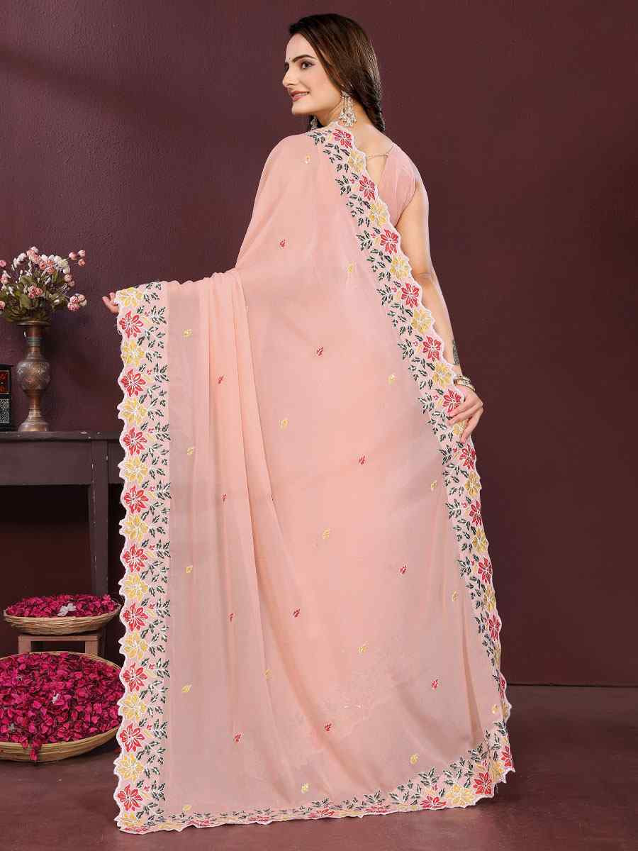 Light Pink Star Georgette Embroidery Party Bridal Reception Festival Wedding Fancy Heavy Border Saree