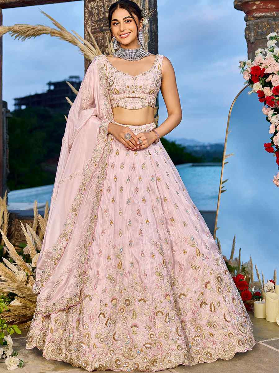 Light Pink Tissue Embroidered Wedding Reception Festival Heavy Border Lehenga Choli