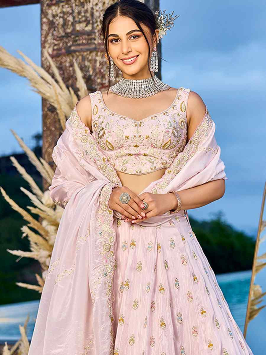 Light Pink Tissue Embroidered Wedding Reception Festival Heavy Border Lehenga Choli