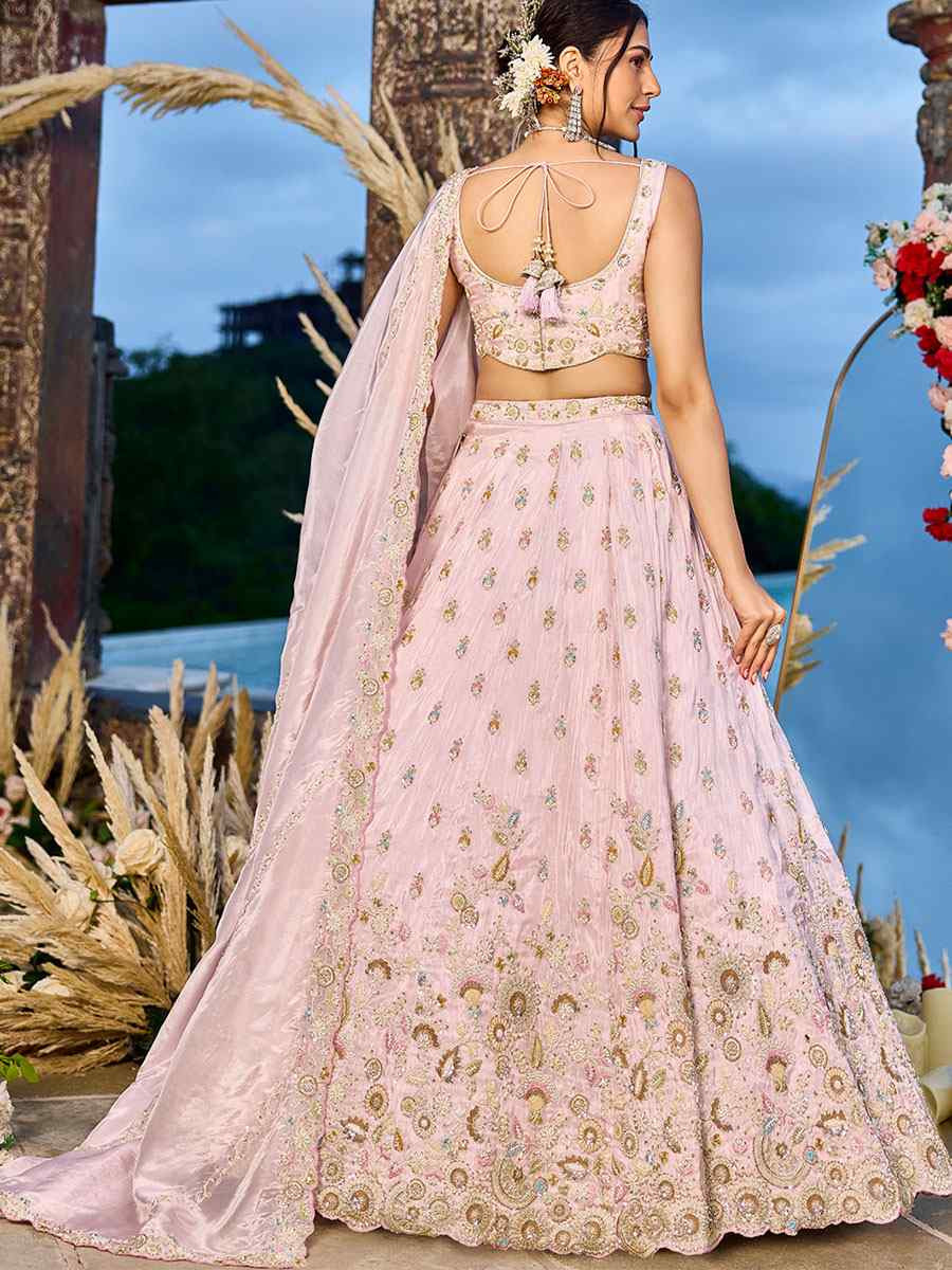 Light Pink Tissue Embroidered Wedding Reception Festival Heavy Border Lehenga Choli