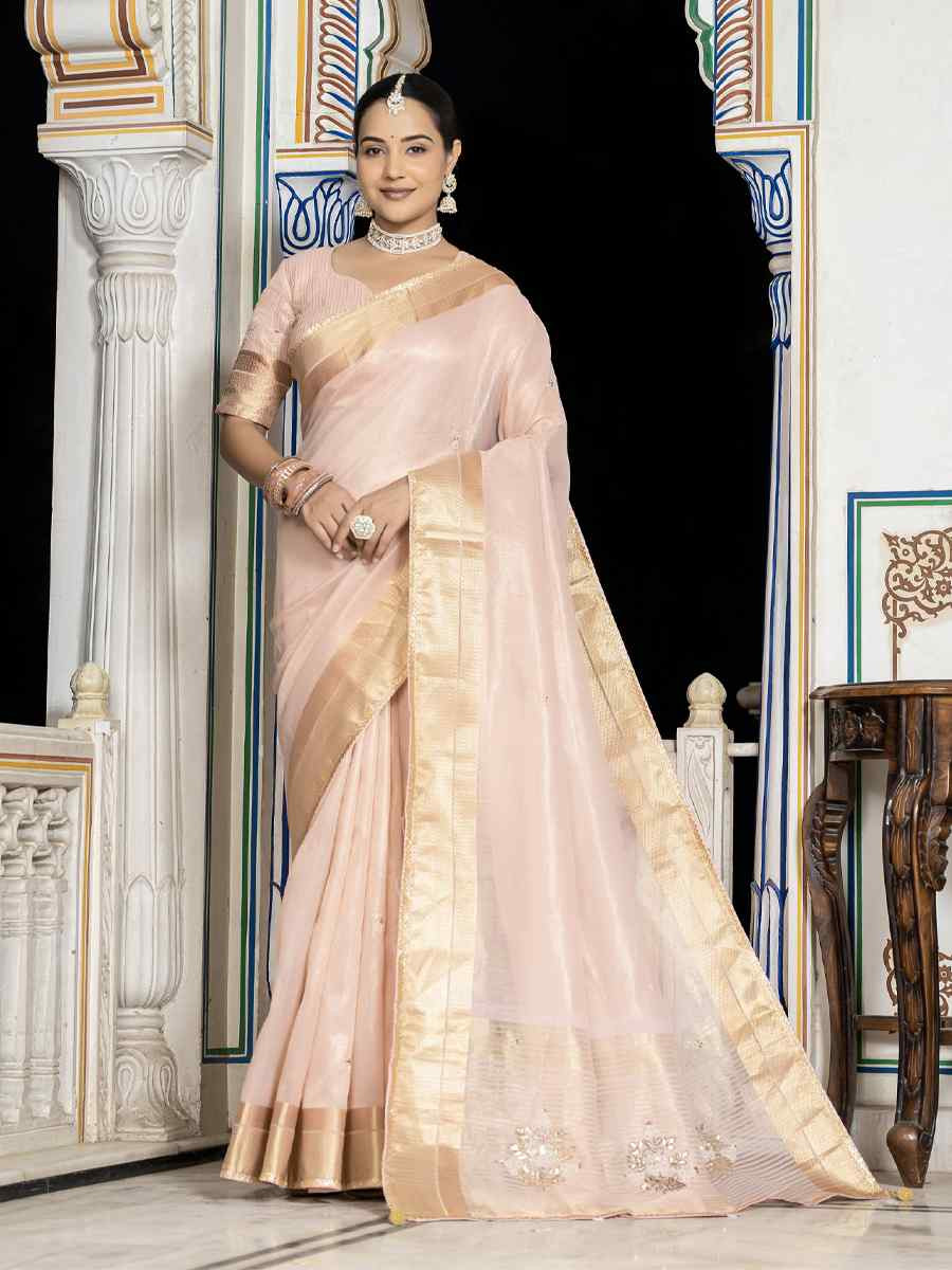 Light Pink Tissue Linen Handwoven Festival Wedding Fancy Heavy Border Saree