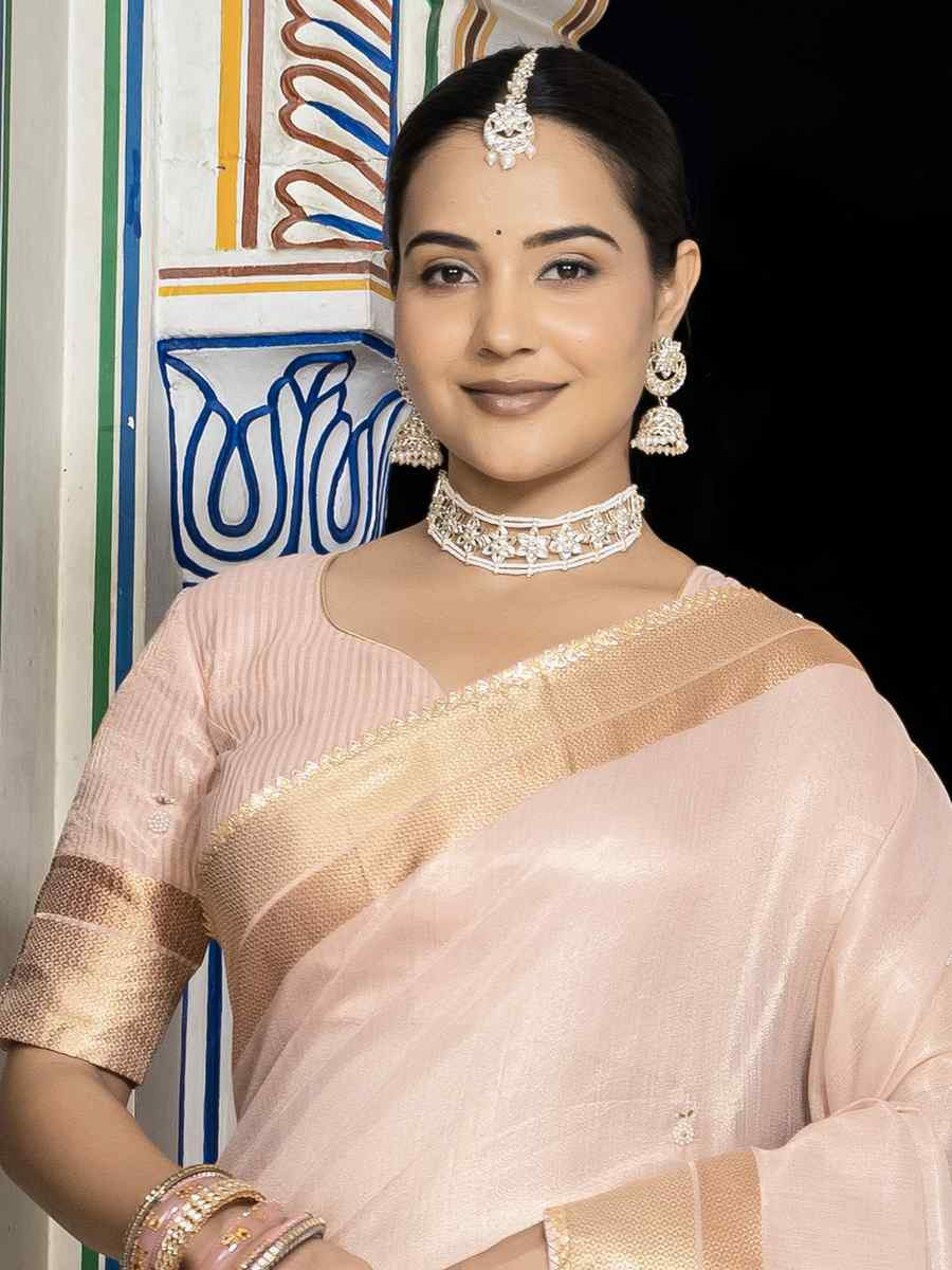 Light Pink Tissue Linen Handwoven Festival Wedding Fancy Heavy Border Saree