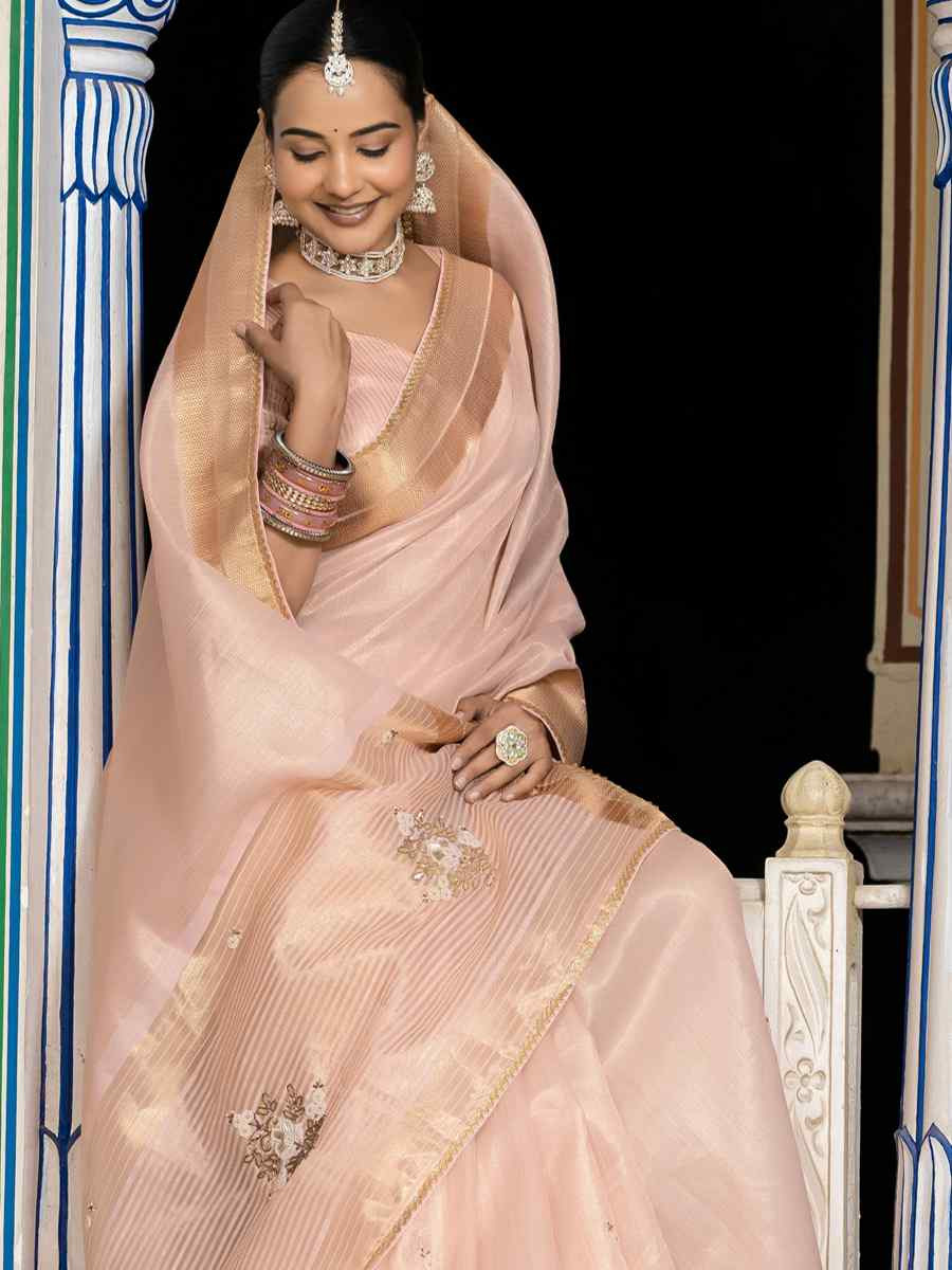 Light Pink Tissue Linen Handwoven Festival Wedding Fancy Heavy Border Saree