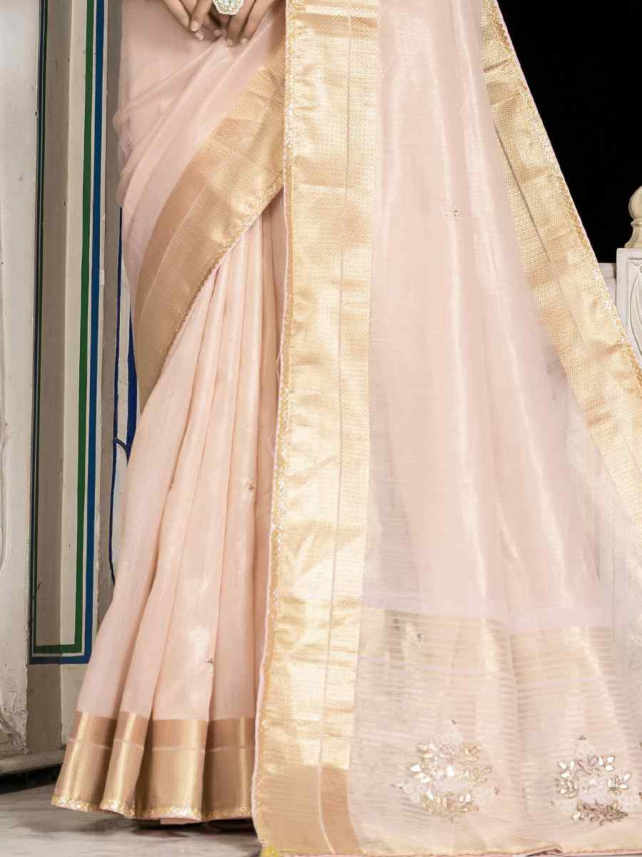 Light Pink Tissue Linen Handwoven Festival Wedding Fancy Heavy Border Saree