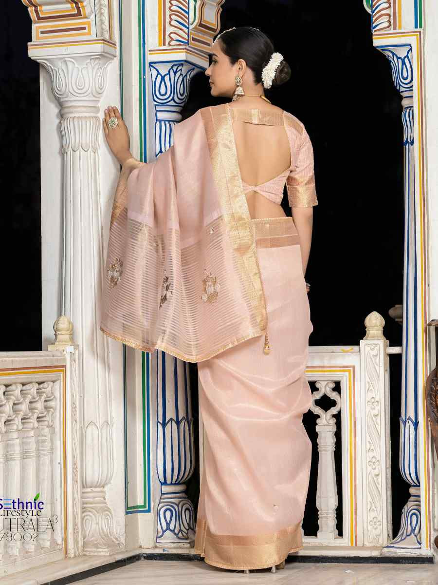 Light Pink Tissue Linen Handwoven Festival Wedding Fancy Heavy Border Saree