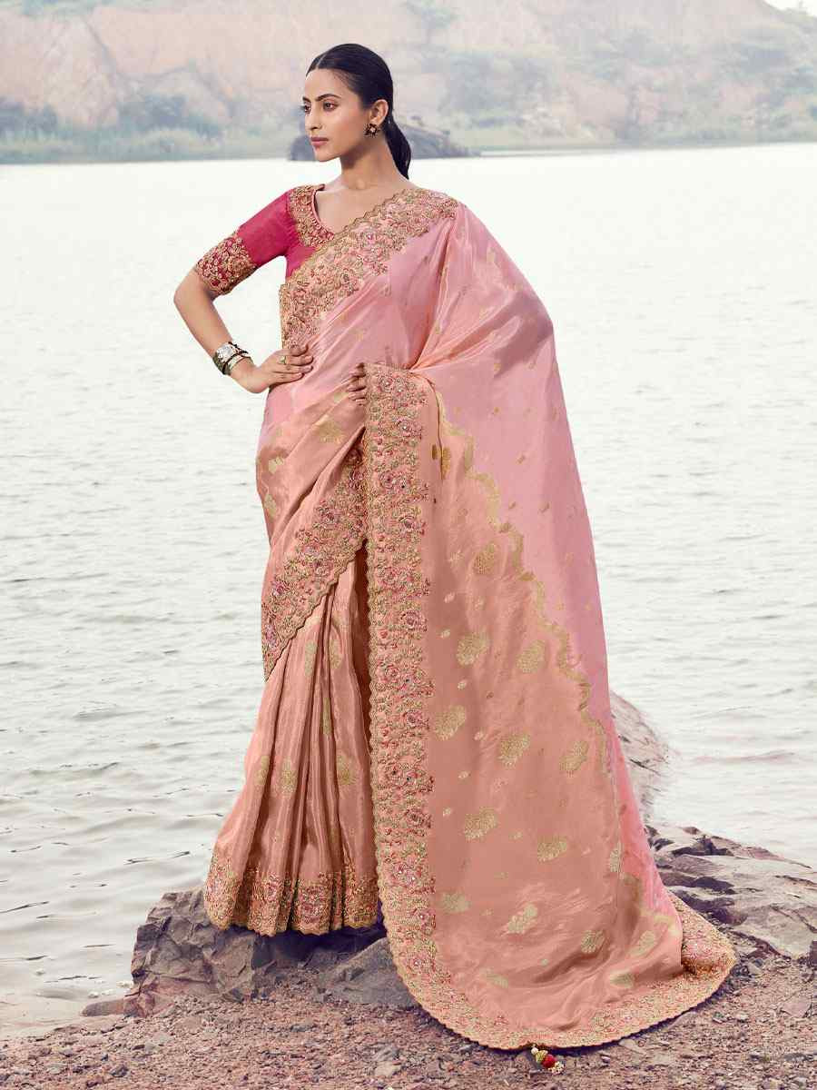Light Pink Tissue Silk And Oraganza Embroidery Bridal Reception Festival Wedding Fancy Heavy Border Saree
