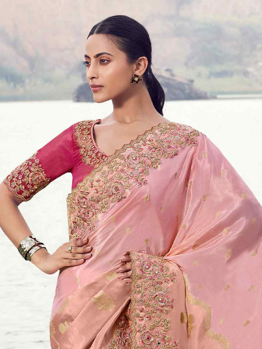 Light Pink Tissue Silk And Oraganza Embroidery Bridal Reception Festival Wedding Fancy Heavy Border Saree