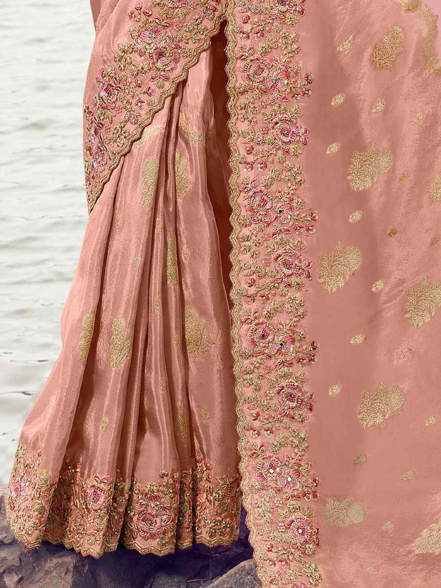 Light Pink Tissue Silk And Oraganza Embroidery Bridal Reception Festival Wedding Fancy Heavy Border Saree