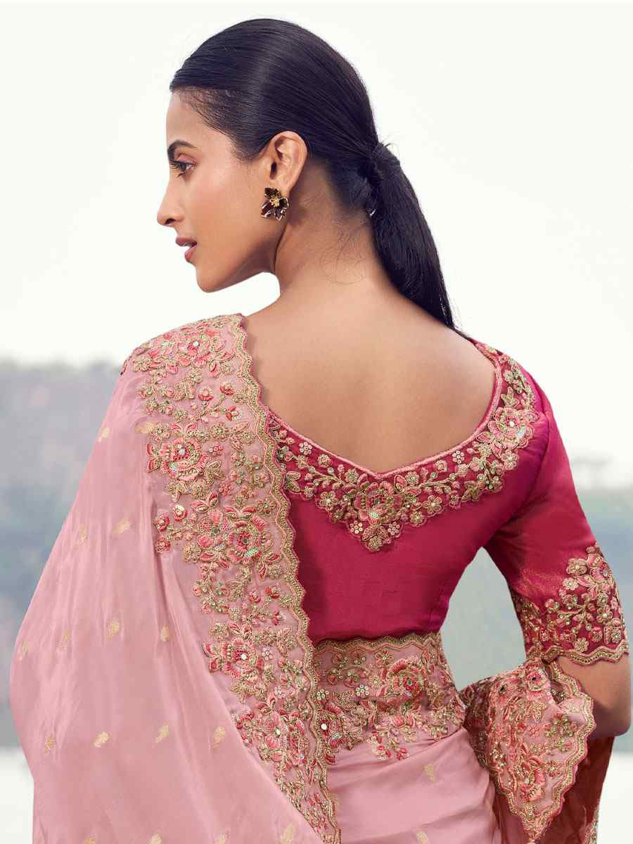 Light Pink Tissue Silk And Oraganza Embroidery Bridal Reception Festival Wedding Fancy Heavy Border Saree