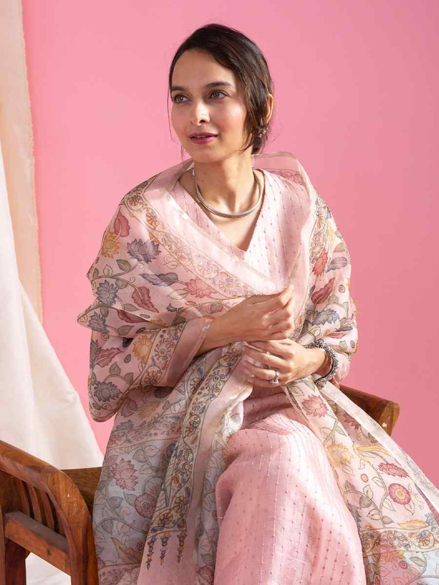Light Pink Viscose Chanderi Embroidered Festival Casual Ready Pant Salwar Kameez