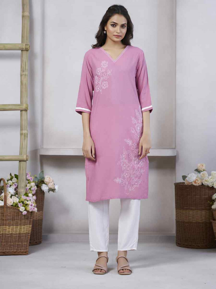 Light Pink Viscose Rayon Embroidered Festival Casual Kurti