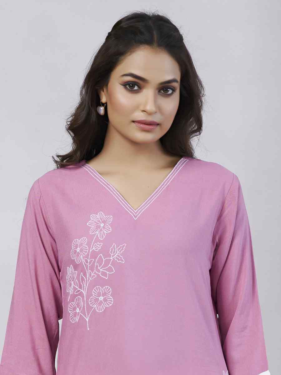 Light Pink Viscose Rayon Embroidered Festival Casual Kurti