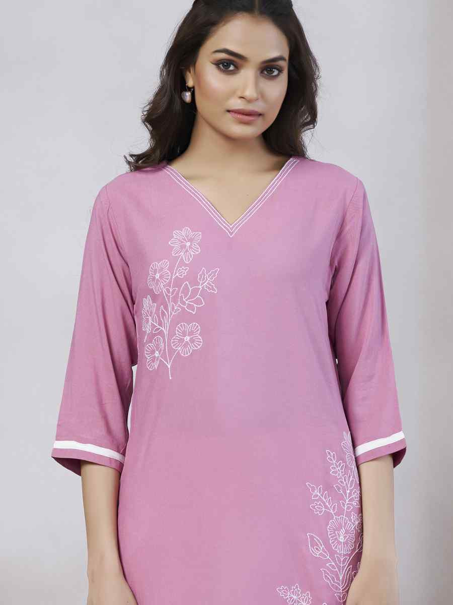 Light Pink Viscose Rayon Embroidered Festival Casual Kurti