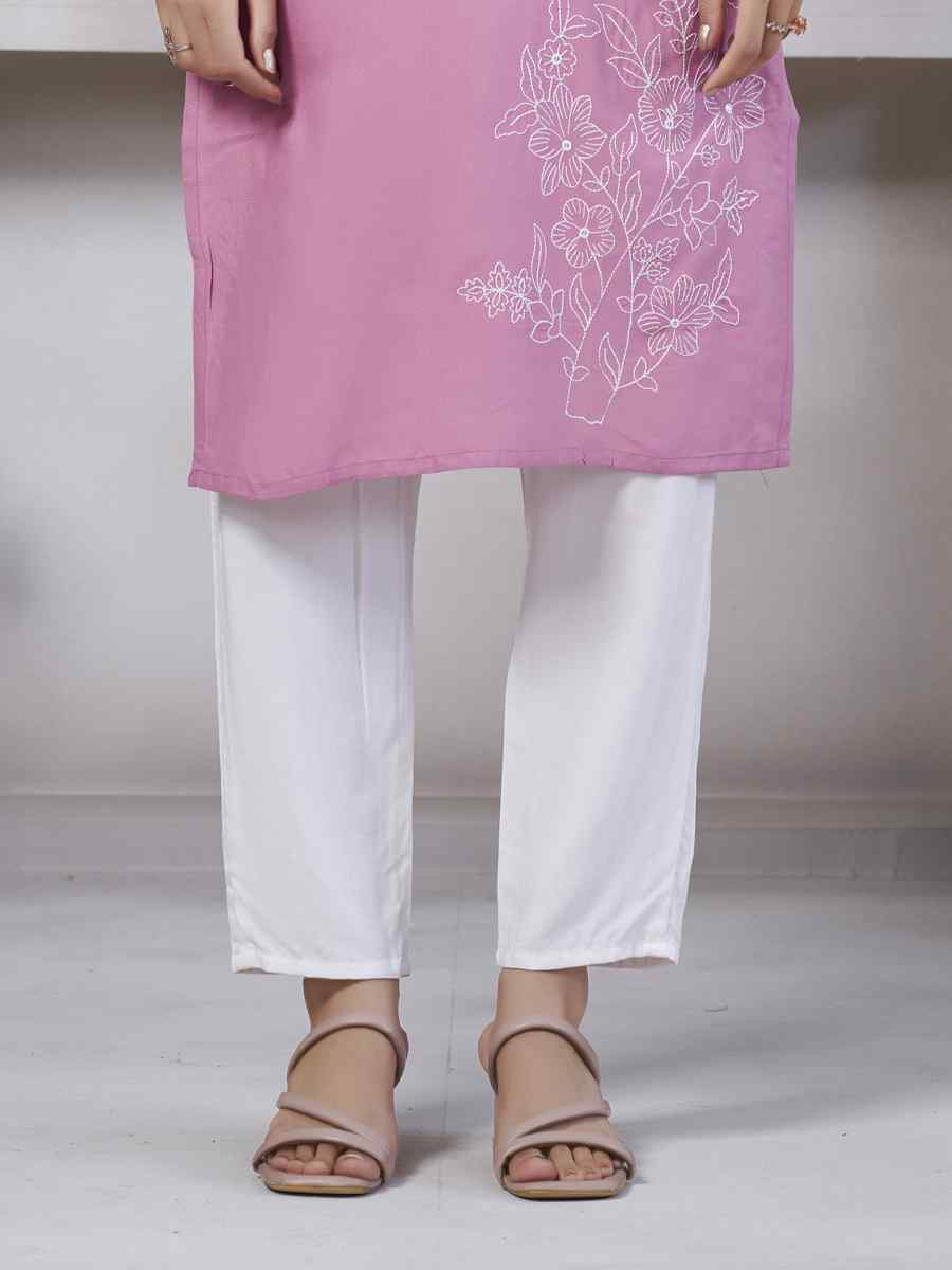 Light Pink Viscose Rayon Embroidered Festival Casual Kurti