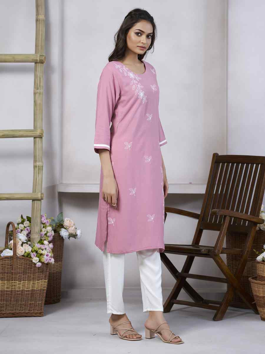 Light Pink Viscose Rayon Embroidered Festival Casual Kurti