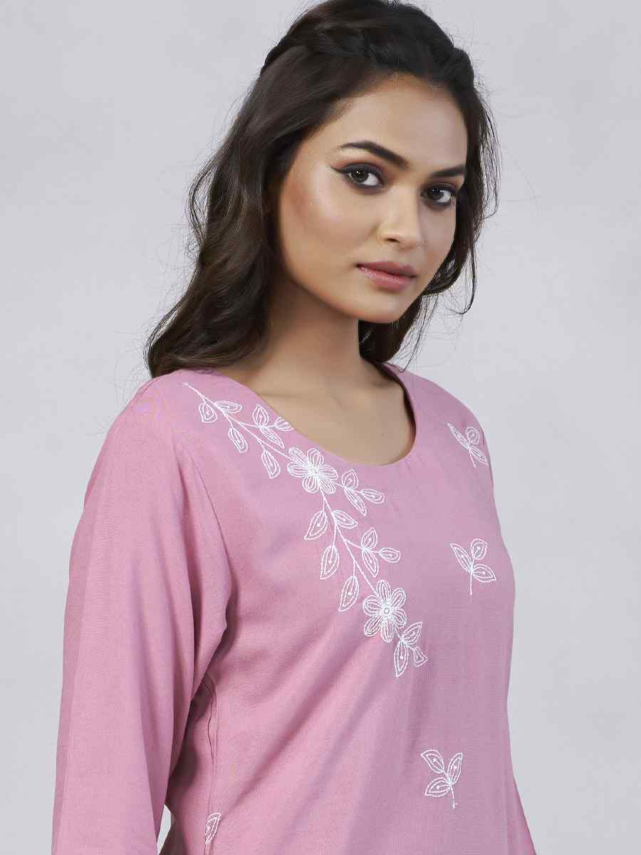 Light Pink Viscose Rayon Embroidered Festival Casual Kurti