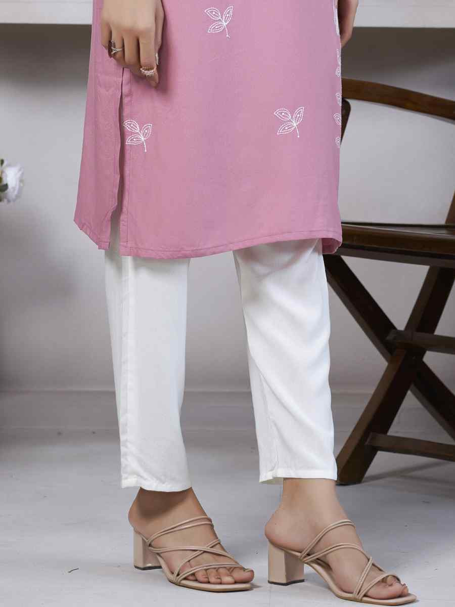 Light Pink Viscose Rayon Embroidered Festival Casual Kurti