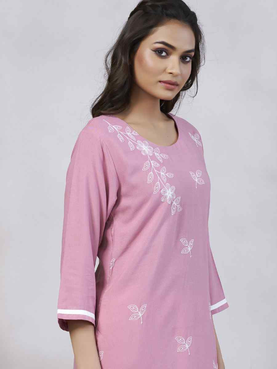 Light Pink Viscose Rayon Embroidered Festival Casual Kurti