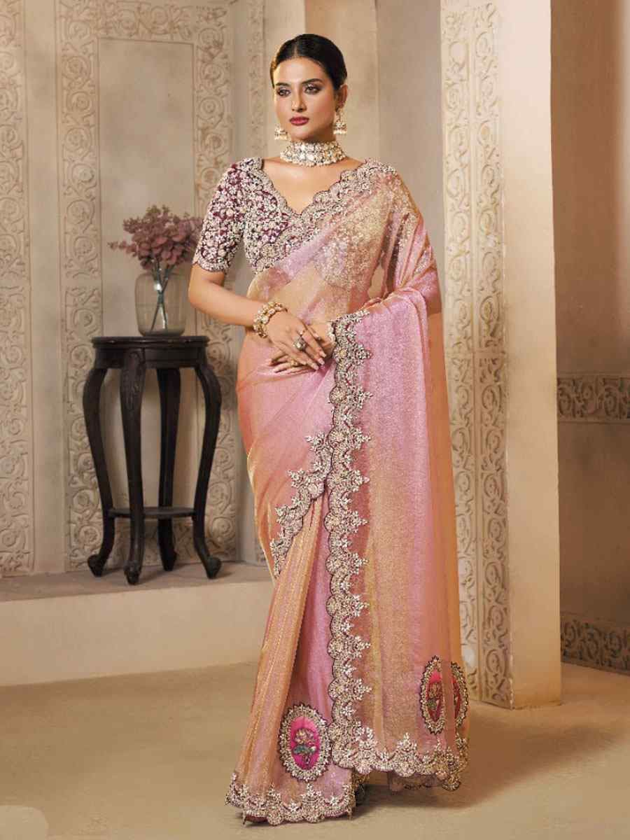 Light Pink Zari Organza Silk Embroidery Festival Wedding Fancy Heavy Border Saree