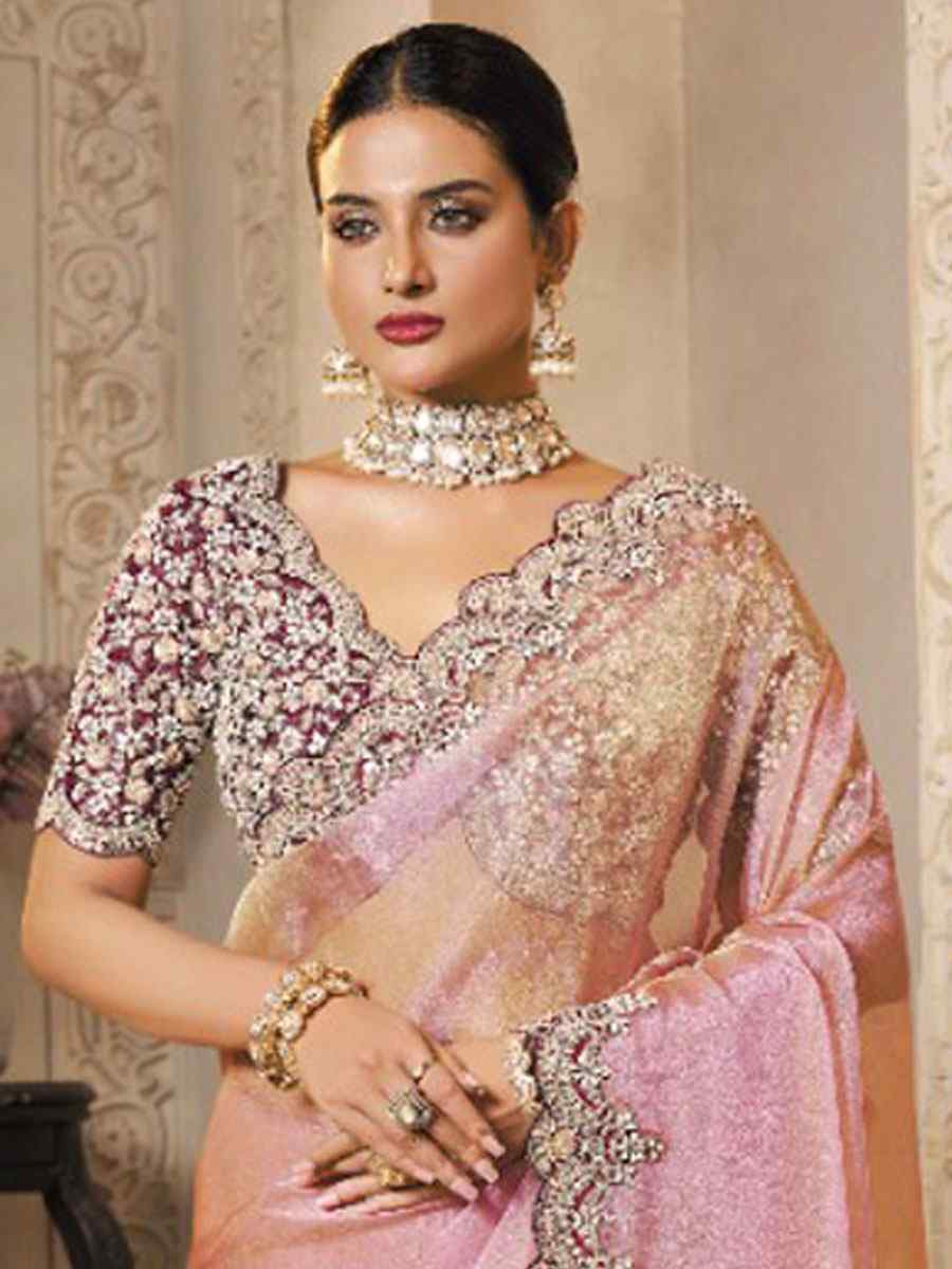 Light Pink Zari Organza Silk Embroidery Festival Wedding Fancy Heavy Border Saree