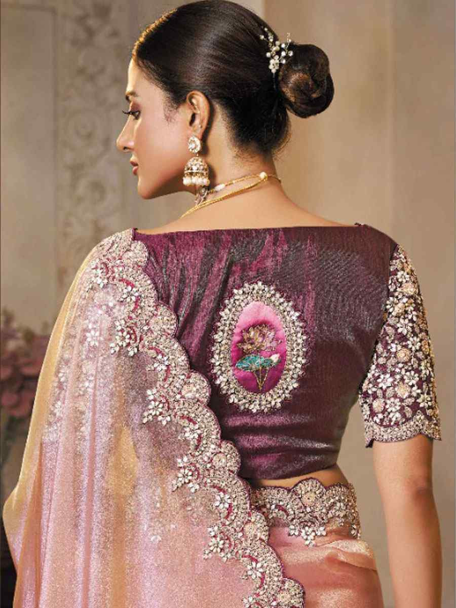 Light Pink Zari Organza Silk Embroidery Festival Wedding Fancy Heavy Border Saree