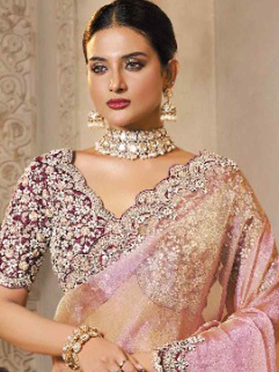 Light Pink Zari Organza Silk Embroidery Festival Wedding Fancy Heavy Border Saree
