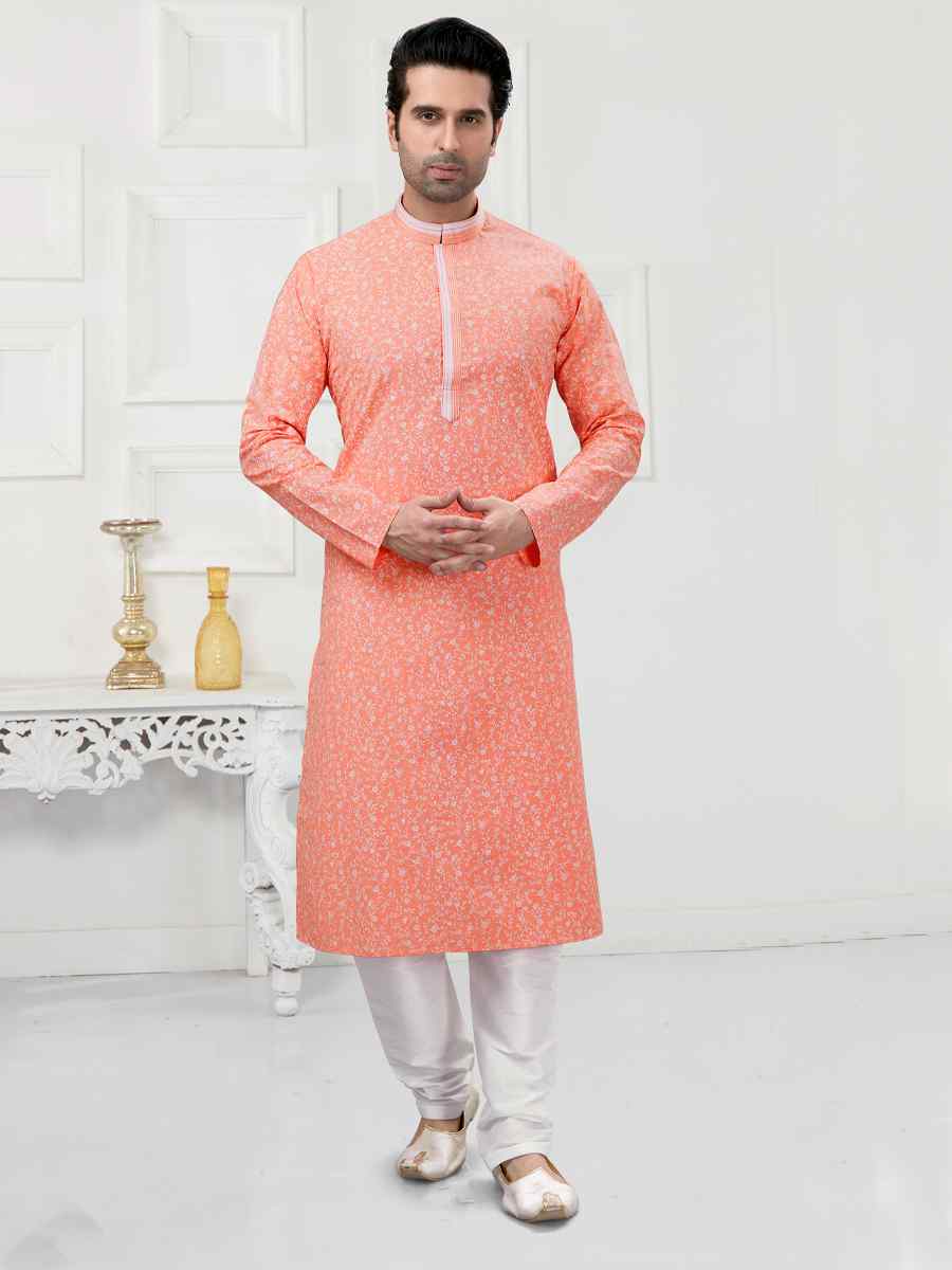 Light Pinkish Peach Cotton Woven Festival Wedding Kurta