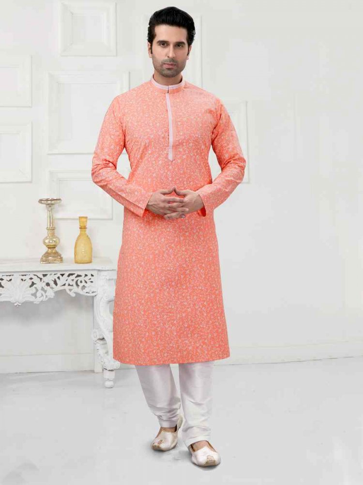 Light Pinkish Peach Cotton Woven Festival Wedding Kurta