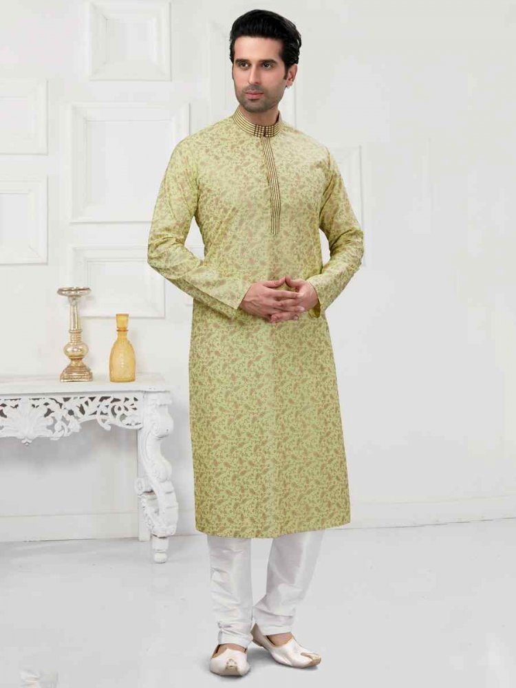 Light Pista Cotton Woven Festival Wedding Kurta