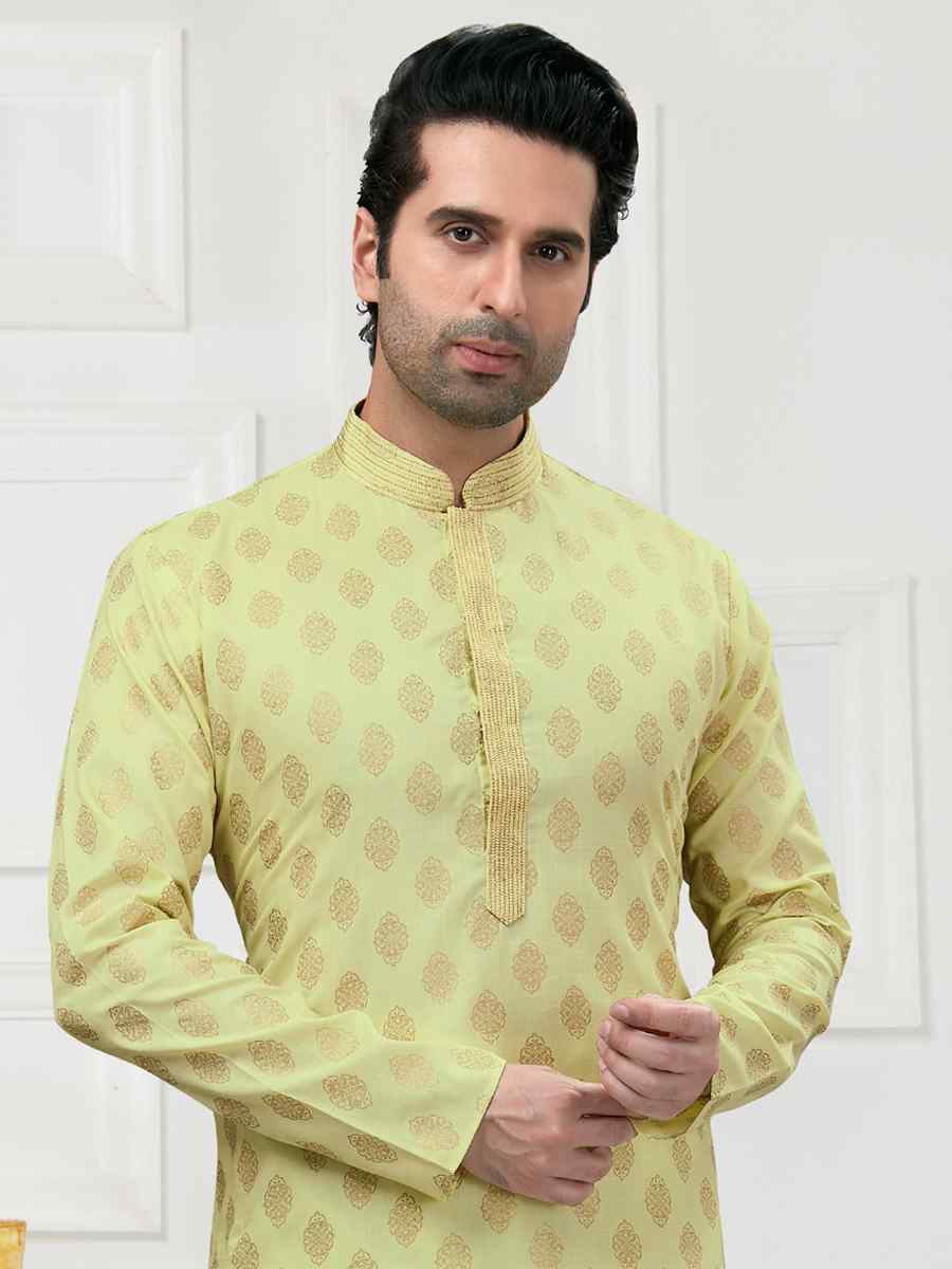 Light Pista Cotton Woven Festival Wedding Kurta