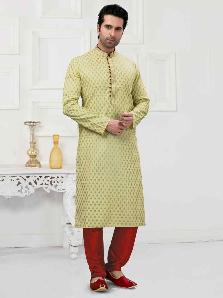 Light Pista Cotton Woven Festival Wedding Kurta