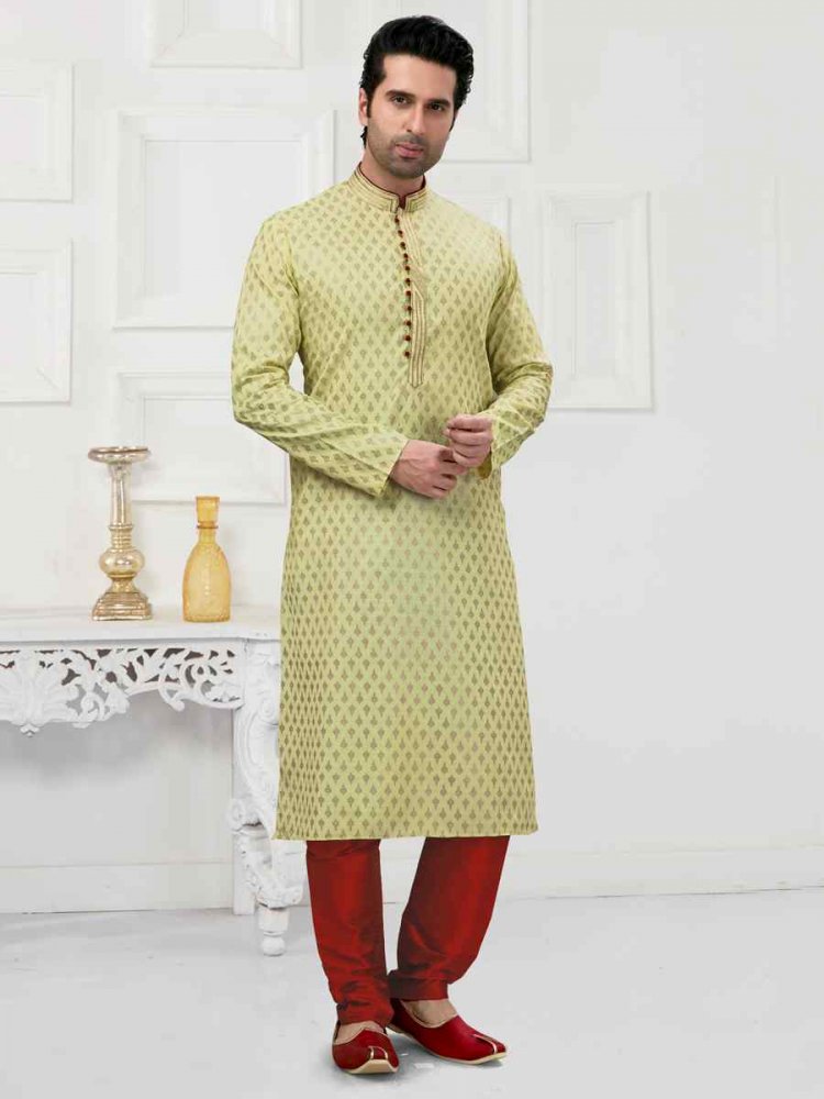 Light Pista Cotton Woven Festival Wedding Kurta