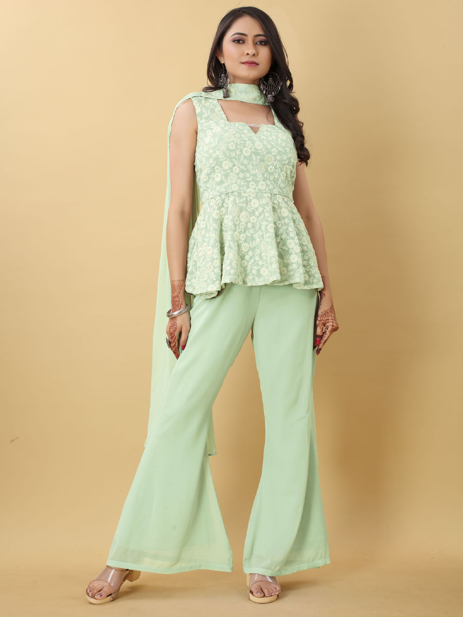 Light Pista Georgette Embroidered Festival Party Ready Palazzo Pant Salwar Kameez
