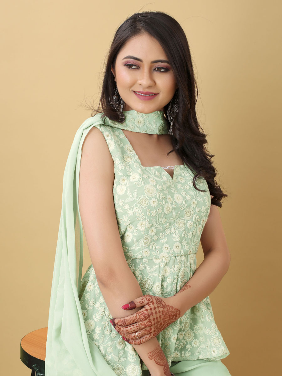 Light Pista Georgette Embroidered Festival Party Ready Palazzo Pant Salwar Kameez