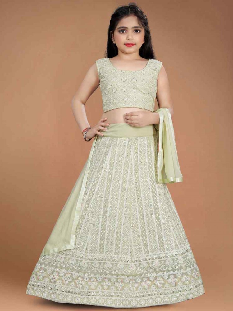 Light Pista Heavy Faux Georgette Embroidered Wedding Festival Lehengas Girls Wear