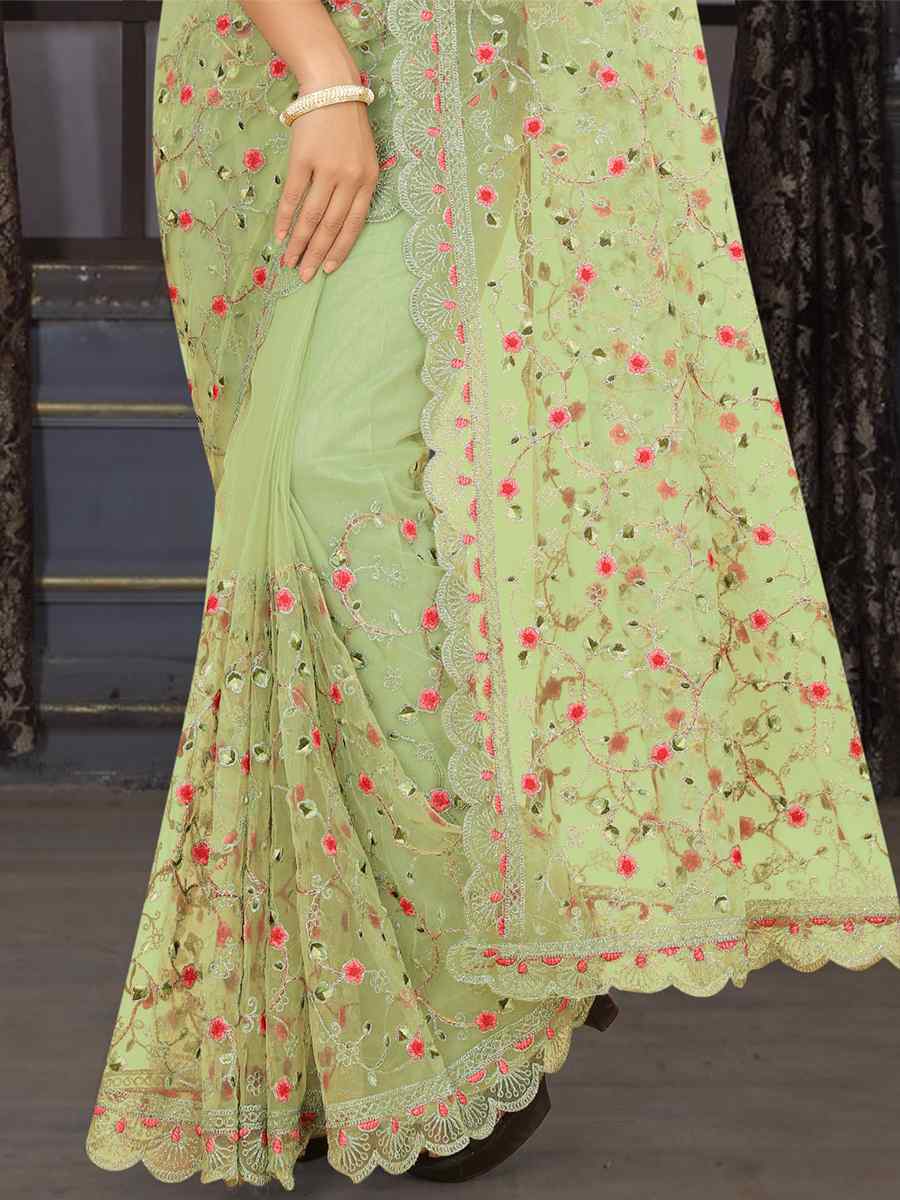 Light Pista Heavy Net Embroidered Party Festival Heavy Border Saree