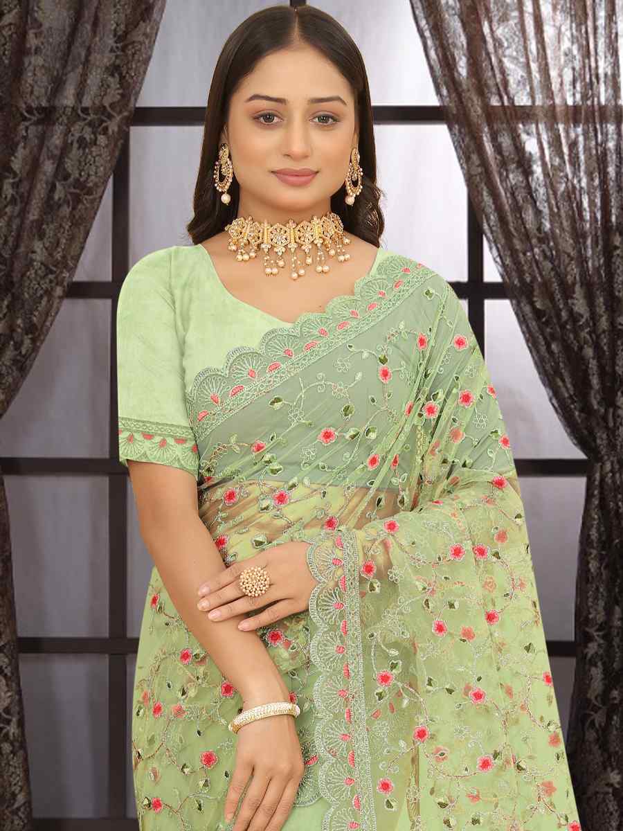 Light Pista Heavy Net Embroidered Party Festival Heavy Border Saree