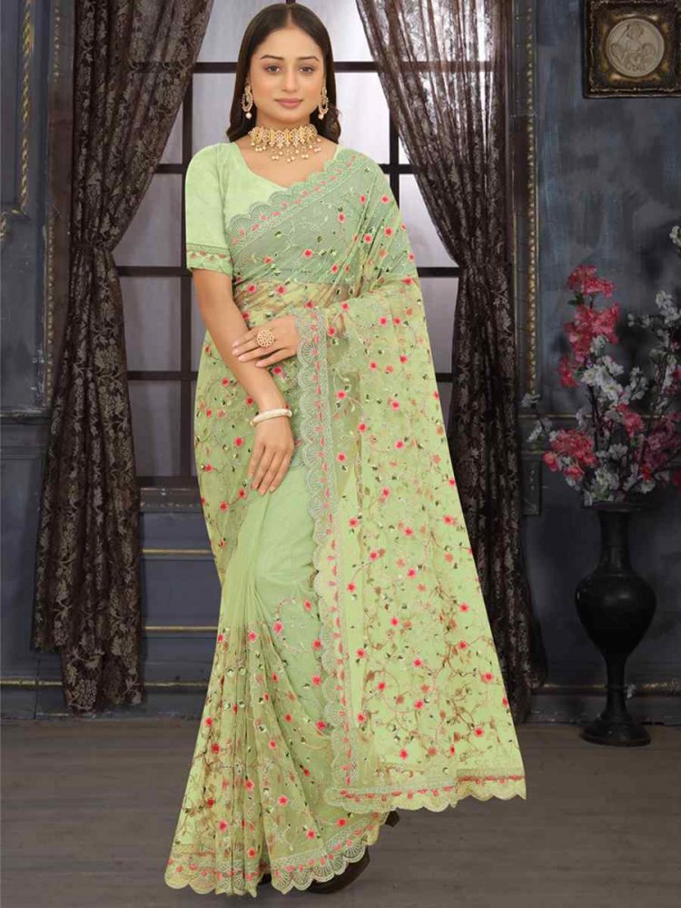 Light Pista Heavy Net Embroidered Party Festival Heavy Border Saree