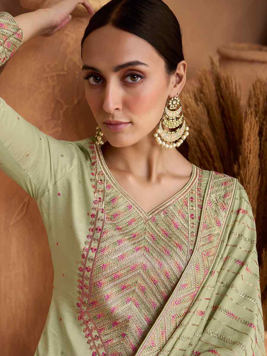 Light Pista Heavy Premium Silk Embroidered Festival Party Pant Salwar Kameez