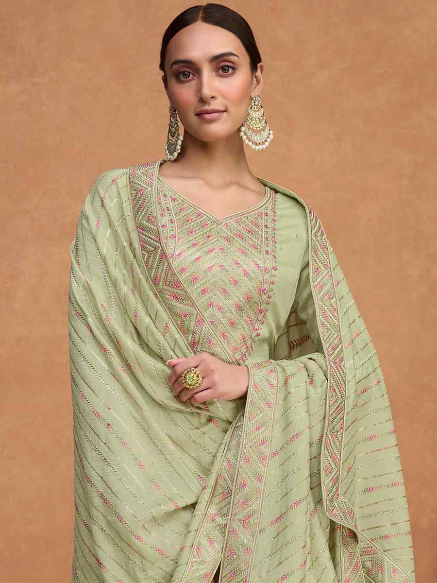 Light Pista Heavy Premium Silk Embroidered Festival Party Pant Salwar Kameez