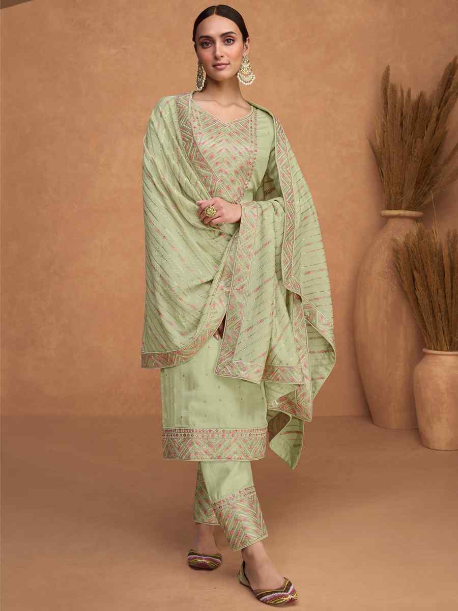 Light Pista Heavy Premium Silk Embroidered Festival Party Pant Salwar Kameez