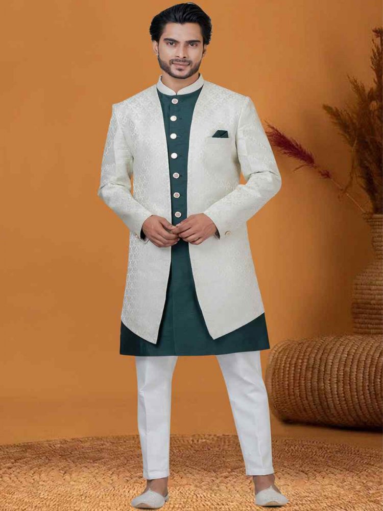 Light Pista Jacquard Silk Woven Groom Wedding Sherwani