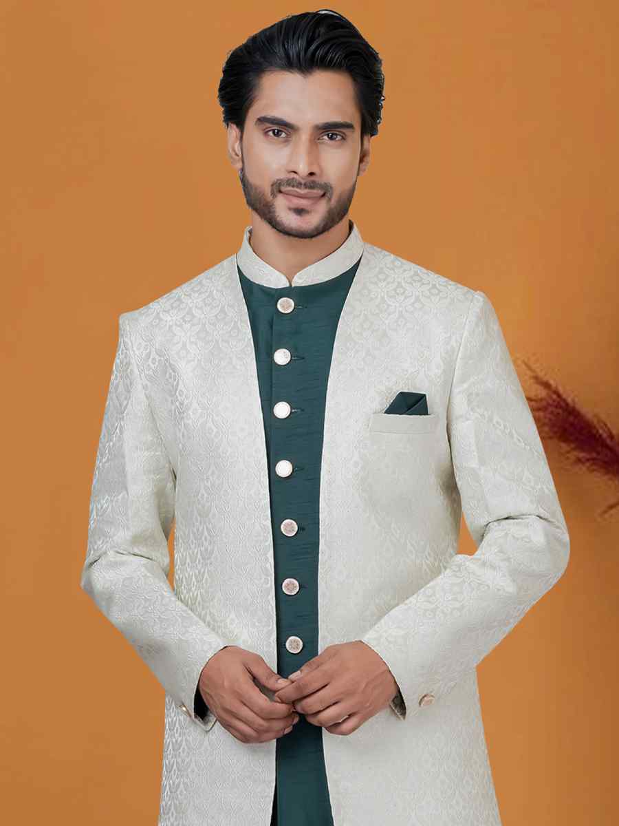 Light Pista Jacquard Silk Woven Groom Wedding Sherwani