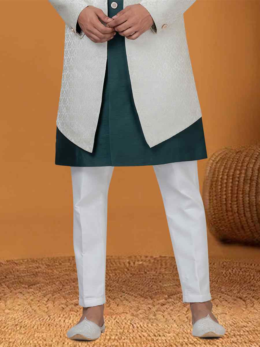 Light Pista Jacquard Silk Woven Groom Wedding Sherwani