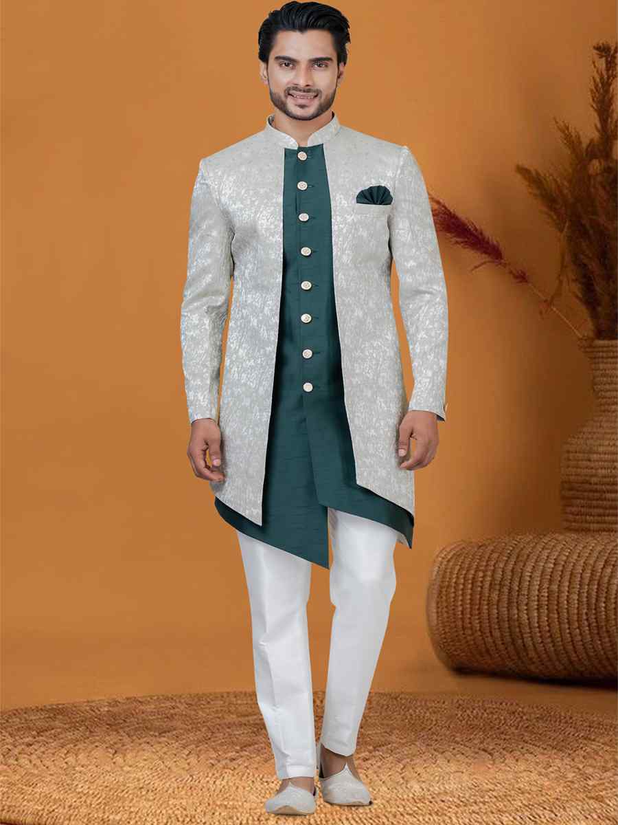 Light Pista Jacquard Silk Woven Groom Wedding Sherwani