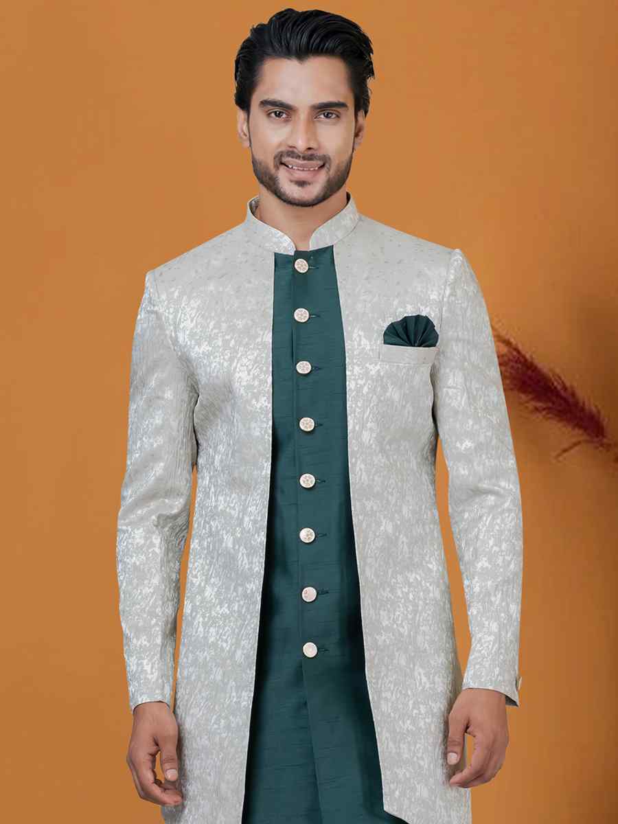 Light Pista Jacquard Silk Woven Groom Wedding Sherwani