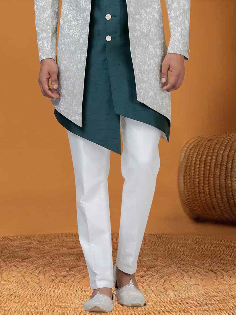 Light Pista Jacquard Silk Woven Groom Wedding Sherwani