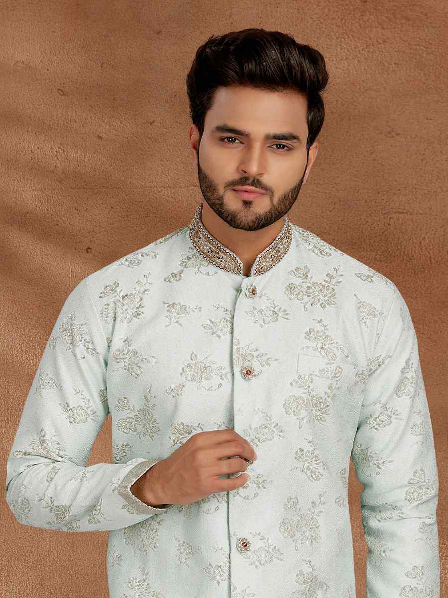 Light Pista Jacquard Woven Party Wedding Kurta