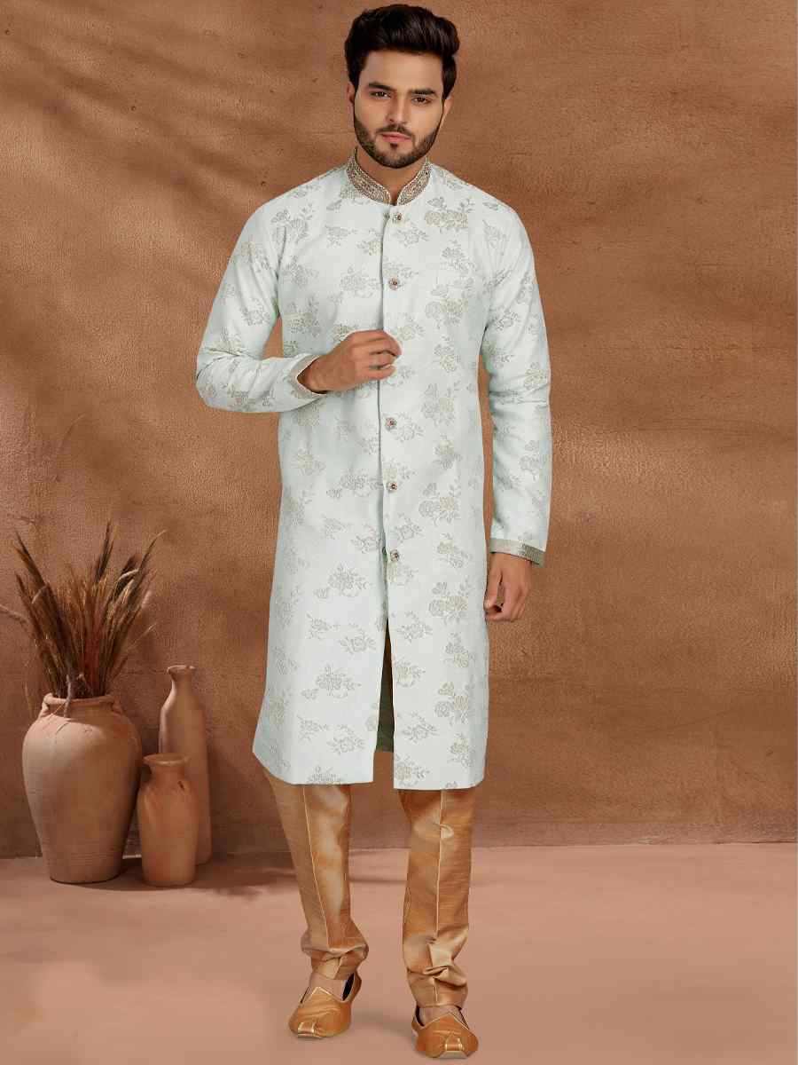 Light Pista Jacquard Woven Party Wedding Kurta