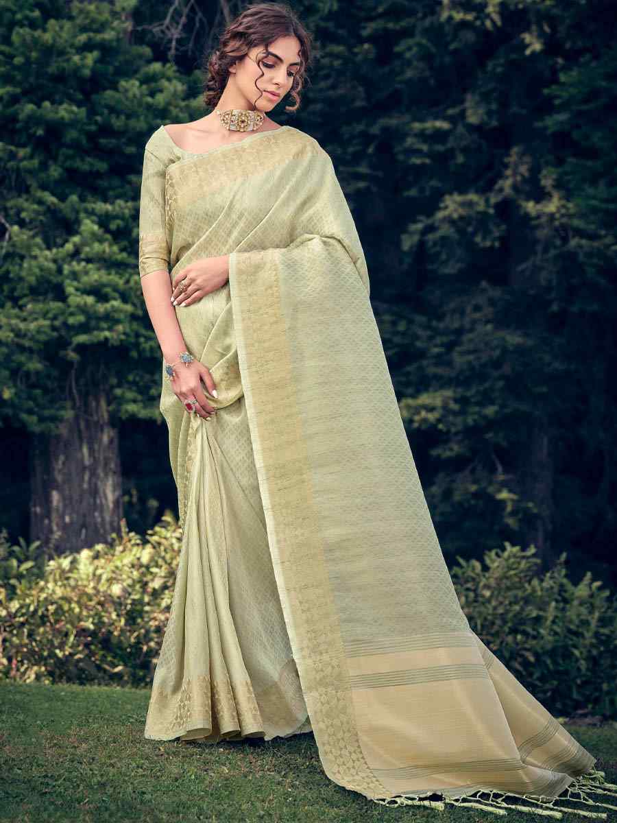 Light Pista Linen Tissue Handwoven Wedding Festival Heavy Border Saree